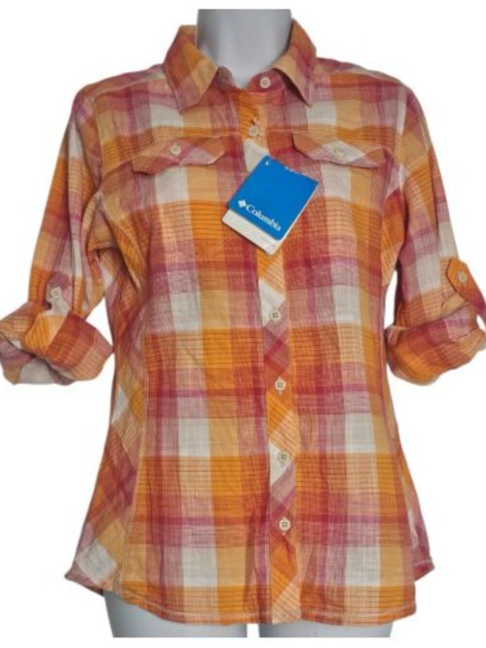Columbia Women Orange Pink White Checkered Outdoors Small Petite Plaid Roll Tab